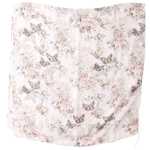 Elegant floral chiffon scarf with rose butterfly prints and fringe tassels for women