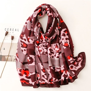 Red leopard and geometric print cotton linen scarf for sun protection and styling