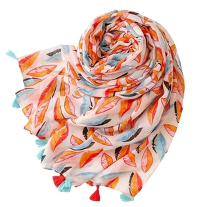 Écharpe légère aspect coton-lin avec imprimé plumes colorées et finitions pompons