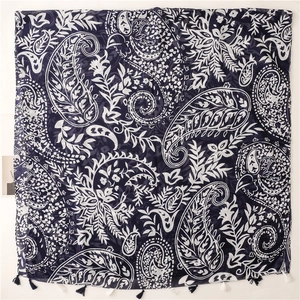 Navy blue paisley cotton-feel scarf with elegant white patterns and fringed edges