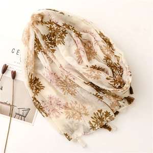 Beige floral scarf with tassel fringe made of lightweight cotton linen and chiffon