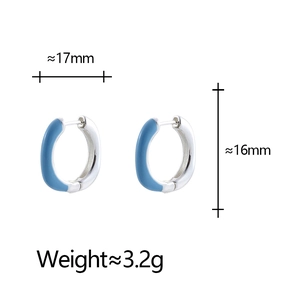 Detail view of silver geometric hoop earrings with blue enamel finish and dimensions