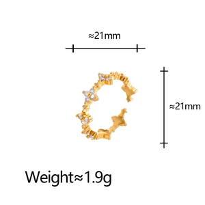 Detailed view of flower gold ring with zircon stones, showing size 21mm and 1.9g weight