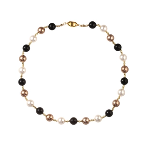 Three-tone pearl necklace with black, white and champagne pearls and gold spacers