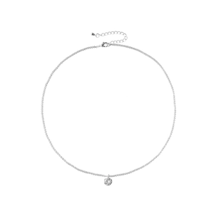 Elegant silver-toned clavicle necklace with a sparkling round zircon pendant on white back