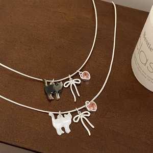 Collana Pendente Gatto Rame Madreperla Cuore Zircone Rosa Fiocco Gioielli Stile Dolce Per Donne Ragazze
