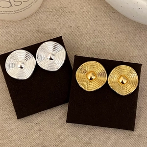 Retro Minimalist Concentric Circle Texture Stud Earrings Geometric Square Round Copper Plated Gold Jewelry For Women