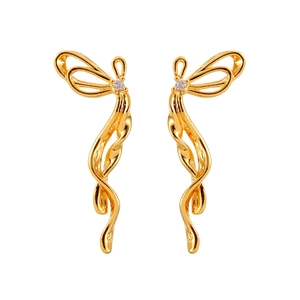 Eleganti orecchini a fiocco placcati in oro con nappe e dettagli in zirconi lucidi