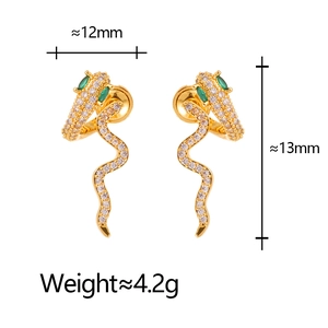 Detailed view of snake stud earrings with white zircons and green gem eyes, 13mm size