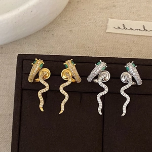 Snake Stud Earrings Copper Alloy Encrusted White Zircon Green Stone Eyes Animal Shape Unique Fashion Jewelry For Women