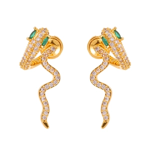 Golden snake stud earrings set with sparkling white cubic zirconia and green gem eyes
