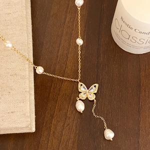 Necklace Copper With Butterfly Pendant Cubic Zirconia And Freshwater Pearls Elegant Minimalist Dainty Jewelry For Women