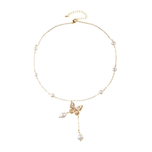 Gold butterfly necklace with cubic zirconia, freshwater pearls and long drop pendants