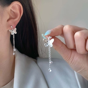 Elegant silver butterfly long tassel earrings with sparkling zircon drop pendants
