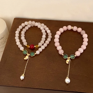 Bracelet En Künstliche Perles De Pierre Naturelle Rose Avec Pendentif En Künstliche Perle Plaqué Or 14K Bijoux Vintage Pour Femmes