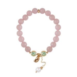 Bracelet en quartz rose naturel avec accents dorés et pendentif perle blanche