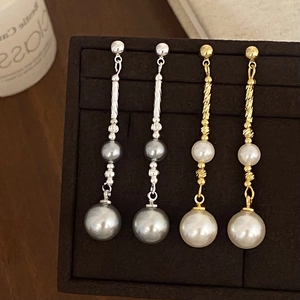 Elegant Double Shell Artificial Pearl Long Drop Earrings With Twisted Copper Rod For Women Plated Jewelry Copper Earring Post
