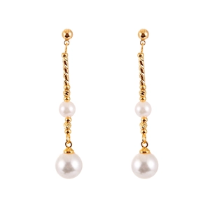 Elegant gold drop earrings with white pearls and spiral metal bars on white background
