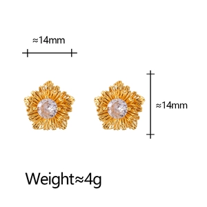Elegant gold flower stud earrings with brushed texture petals and sparkling zircon stones