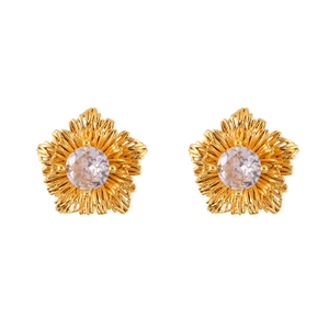 Elegant gold five-petal flower stud earrings with brushed texture and zircon center