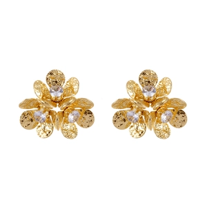 Elegant gold flower stud earrings with textured petals and clear zircon stones in center