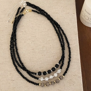 Black Crystal Beaded Necklace With Pave Rhinestone Ball Charms Minimalist Fashion Clavicle Chain Jewelry For Women