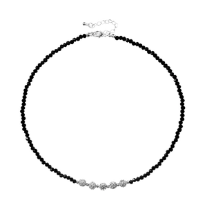 Minimalist black beaded necklace with five shimmering silver paved disco ball pendants
