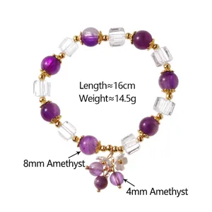 Elegant purple amethyst beaded bracelet with clear crystal charms and golden accents