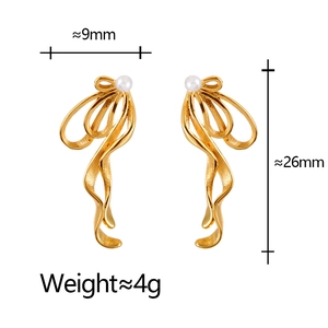 Elegant gold bow ribbon stud earrings with white pearl detail, size 9mm x 26mm