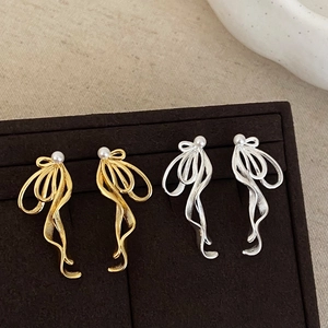Bowknot Stud Earrings Elegant Copper Ribbon Design With Faux Artificial Pearl For Women French Retro Style Jewelry
