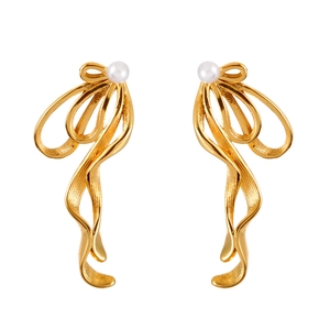Elegant gold bow-shaped ribbon earrings with white pearls in a symmetrical layout