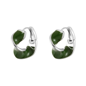 Minimalist silver twist hoop earrings featuring deep green enamel inlay on white background