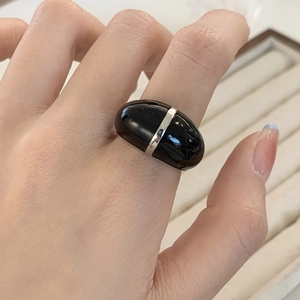 French vintage style wide black enamel ring with silver vertical bar accent for women