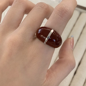 French vintage silver ring with oval dark red agate stone and minimalist metallic inlay