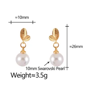 Elegant 10mm pearl drop earrings with golden leaf design for women fashion