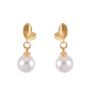 Elegant gold leaf textured stud earrings with large white pearls on a clean background