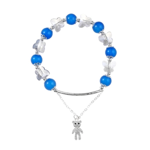 Bracelet en perles d'oeil de chat bleu avec breloque ours en argent et papillons