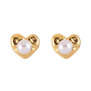 Detail of vintage heart pearl earrings with bright gold plating on white background