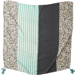 Green leopard and floral patchwork scarf with mint stripes and decorative tassels