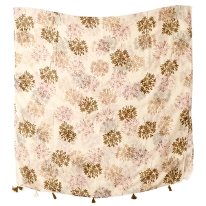 Floral cotton linen feel scarf with tassels and botanical prints in beige and brown