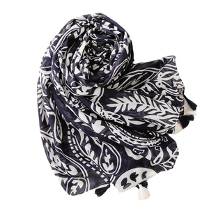 Navy blue cotton linen scarf with leaf prints and white tassels for women's sun protection