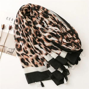 Large leopard print scarf with tassels, soft cotton linen beach wrap shawl for women