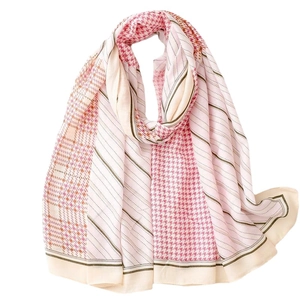 Roze patchwork sjaal met pied-de-poule patroon en strepen van katoen-linnenmix