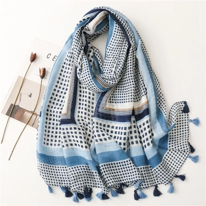 Blue and white geometric pattern cotton linen scarf with handmade fringe tassels