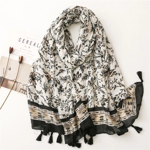 Floral Print Scarf Shawl Cotton Polyester Blend Large Ethnic Style Tassels Soft Breathable Beach Sun Protection Women