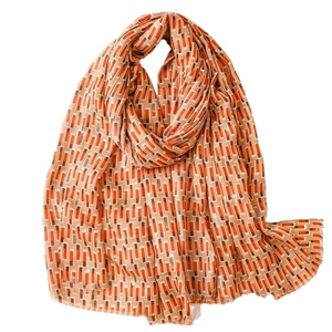 Orange and beige geometric long scarf with gold silk thread and soft fringe edges