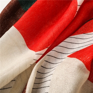 Red and beige geometric color block shawl with subtle silver thread and stripes