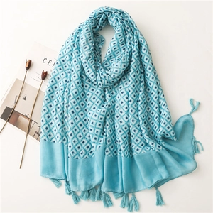 Écharpe d'été en lin et coton à motif géométrique bleu avec élégantes franges