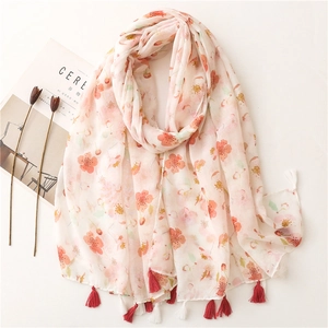 Women Floral Scarf Shawl Polyester Bali Yarn Lightweight Sun Protection Beach Travel Elegant Pink Flower Tassel Decor