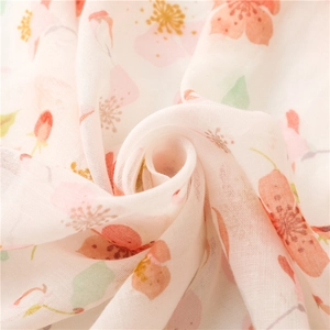 Pink cotton linen scarf with floral print and fringe, soft summer beach shawl for women